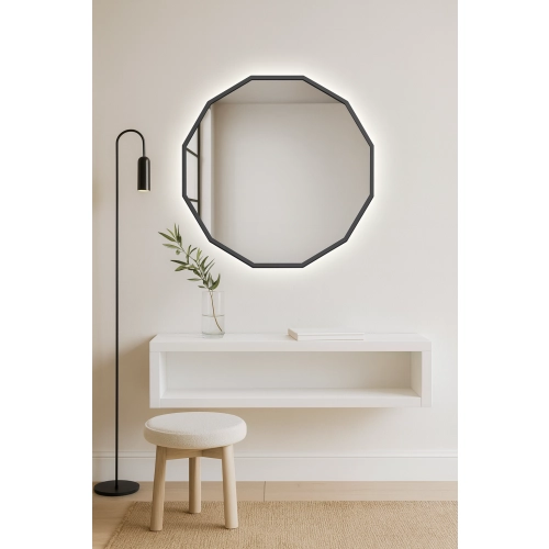 Lustro NÉROLI – nowoczesne lustro wielokątne LED z podświetleniem w czarnej ramie MDF | designerskie lustro dekoracyjne do salonu, sypialni, łazienki,